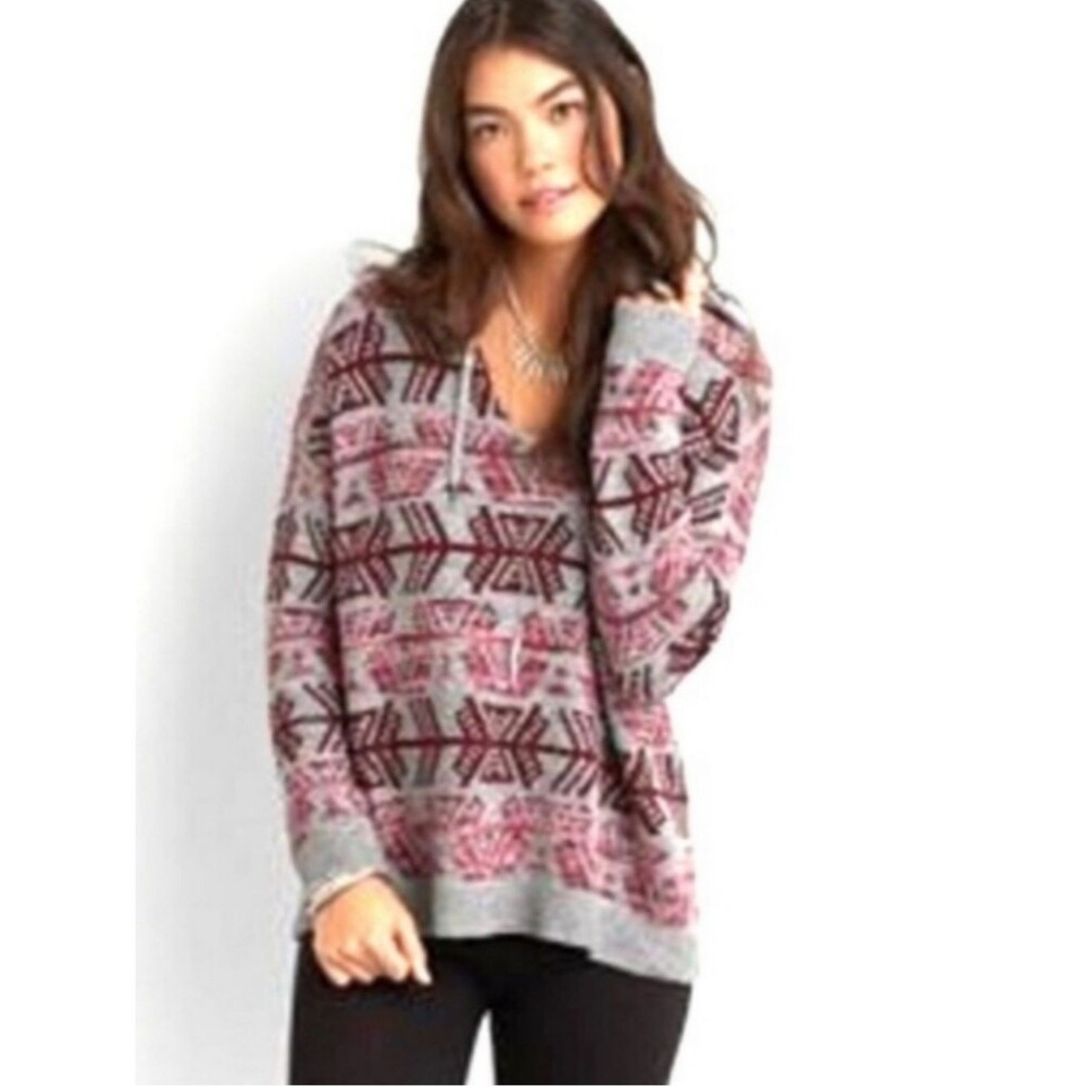 American Eagle Pullover Hooded Baja Tie Neck Sweater NWT Size Medium Gray Cotton